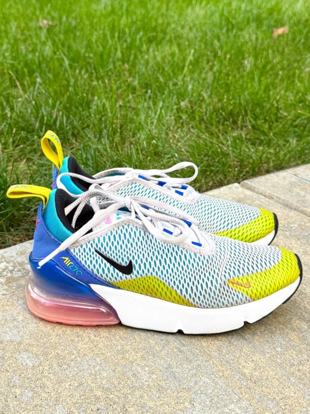 Nike Air Max 270 Kids Shoes Size 2 White Blue Pink Yellow FD1021-100